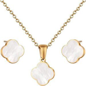 Clover Shape Stud Earrings Necklace Set for Women Girls